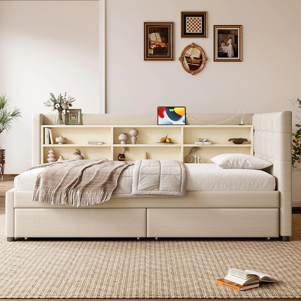 Divano letto 90x200cm?- Xylo - 2 cassetti USB-C lino beige