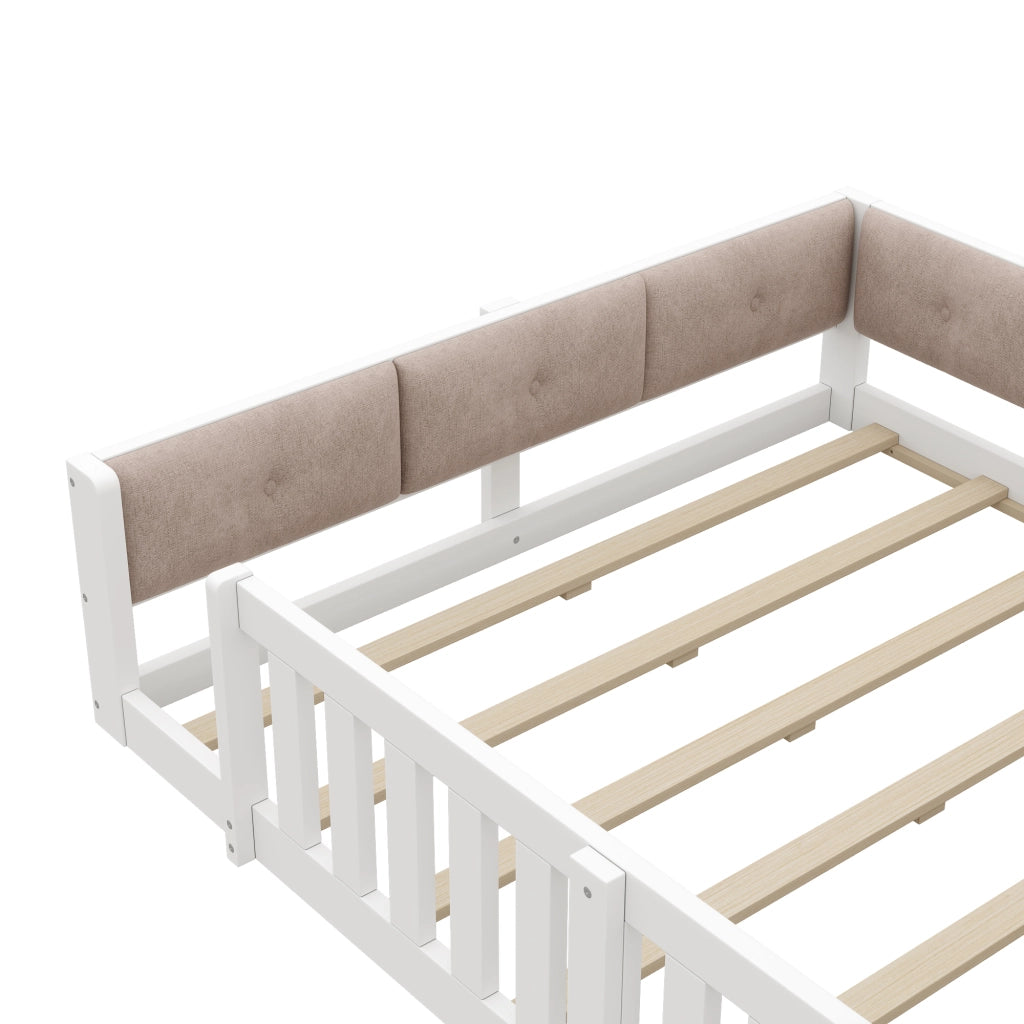 Letto per bambini 140x200 cm con sponde; LED e testiera con contenitore