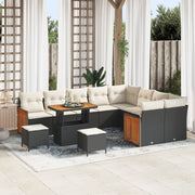 Set da Giardino da 12 Pezzi con Cuscini Neri in Polyrattan e Acacia