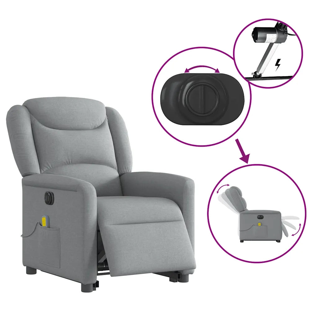 vidaXL Poltrona Alzapersona Massaggi Elettrica Grigio Chiaro Tessuto