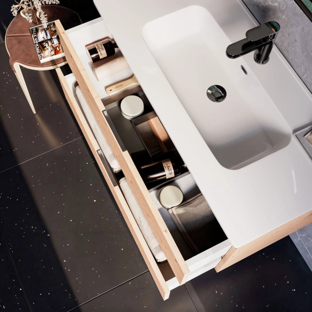 Mobile bagno sospeso 100cm rovere cartagena specchio armony, selezione accessori specchio led retroilluminato