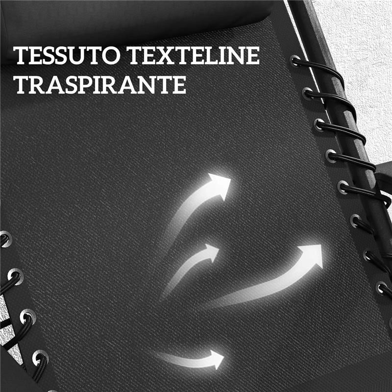 SET 2 SEDIE SDRAIO A GRAVITÓ ZERO PIEGHEVOLI CON SCHIENALE REGOLABILE E TAVOLINO, NERO
