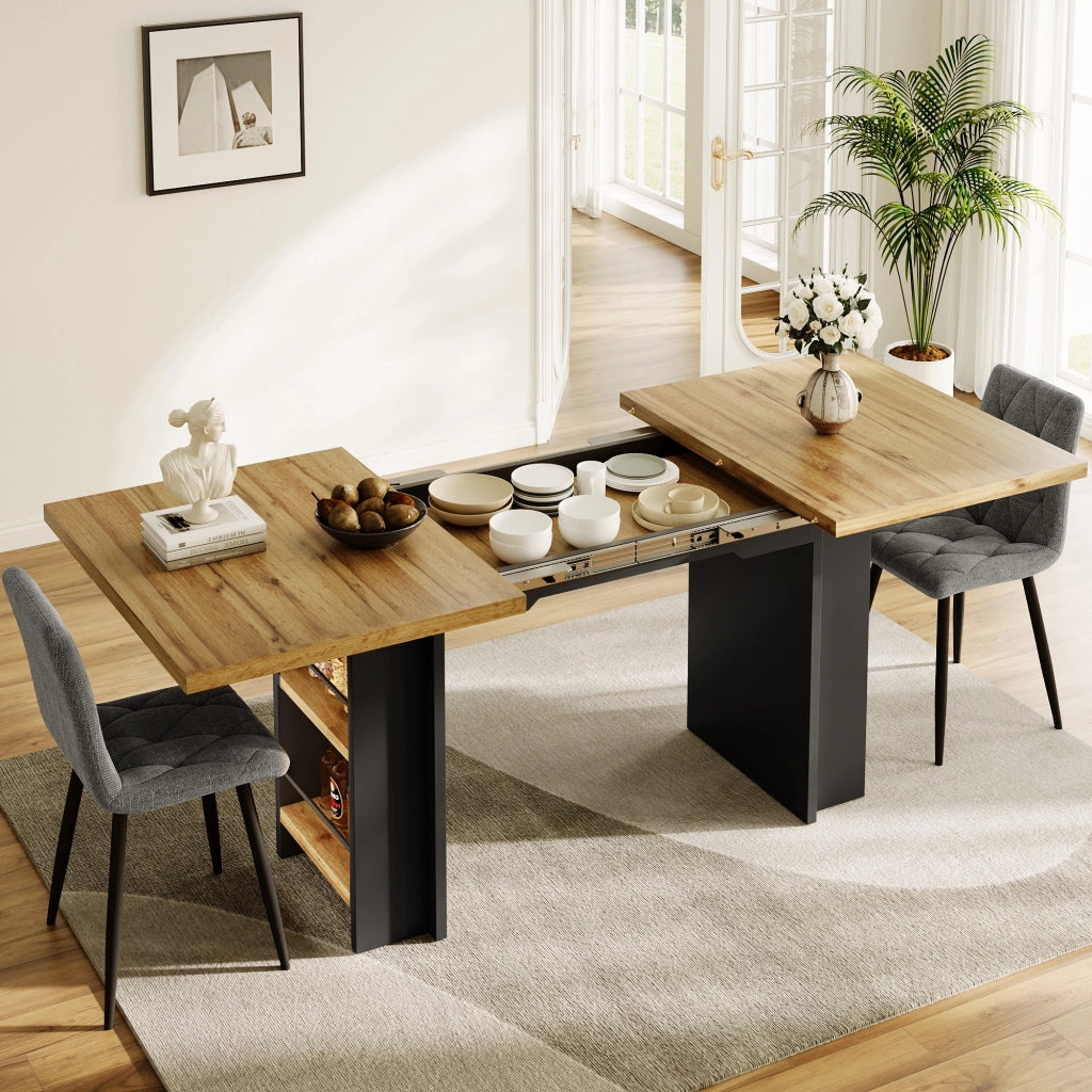 Tavolo allungabile con ripiani e vano contenitore, in MDF effetto legno, per soggiorno e studio, 120-160 × 80 × 75 cm