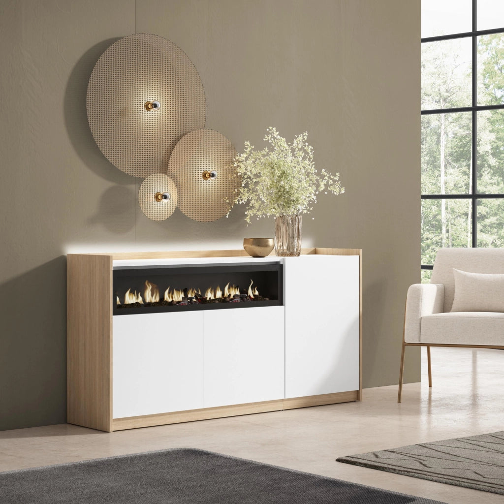 Credenza, Mobile, Cucina, 156x80x37 cm, 3 Porte, Camino elettrico, LED, Bianco e Rovere soft