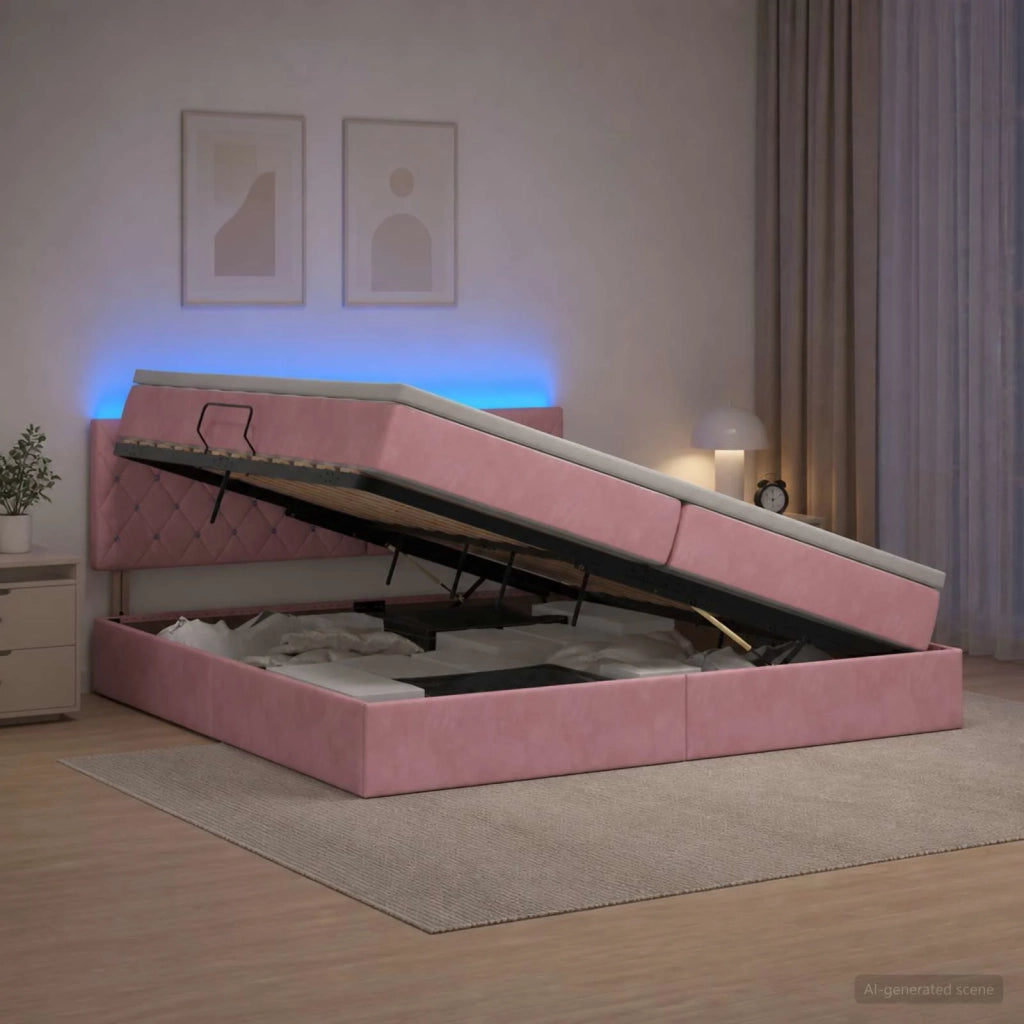 Letto con contenitore LED e materasso Rosa 200 x 200 cm Velluto 3459215