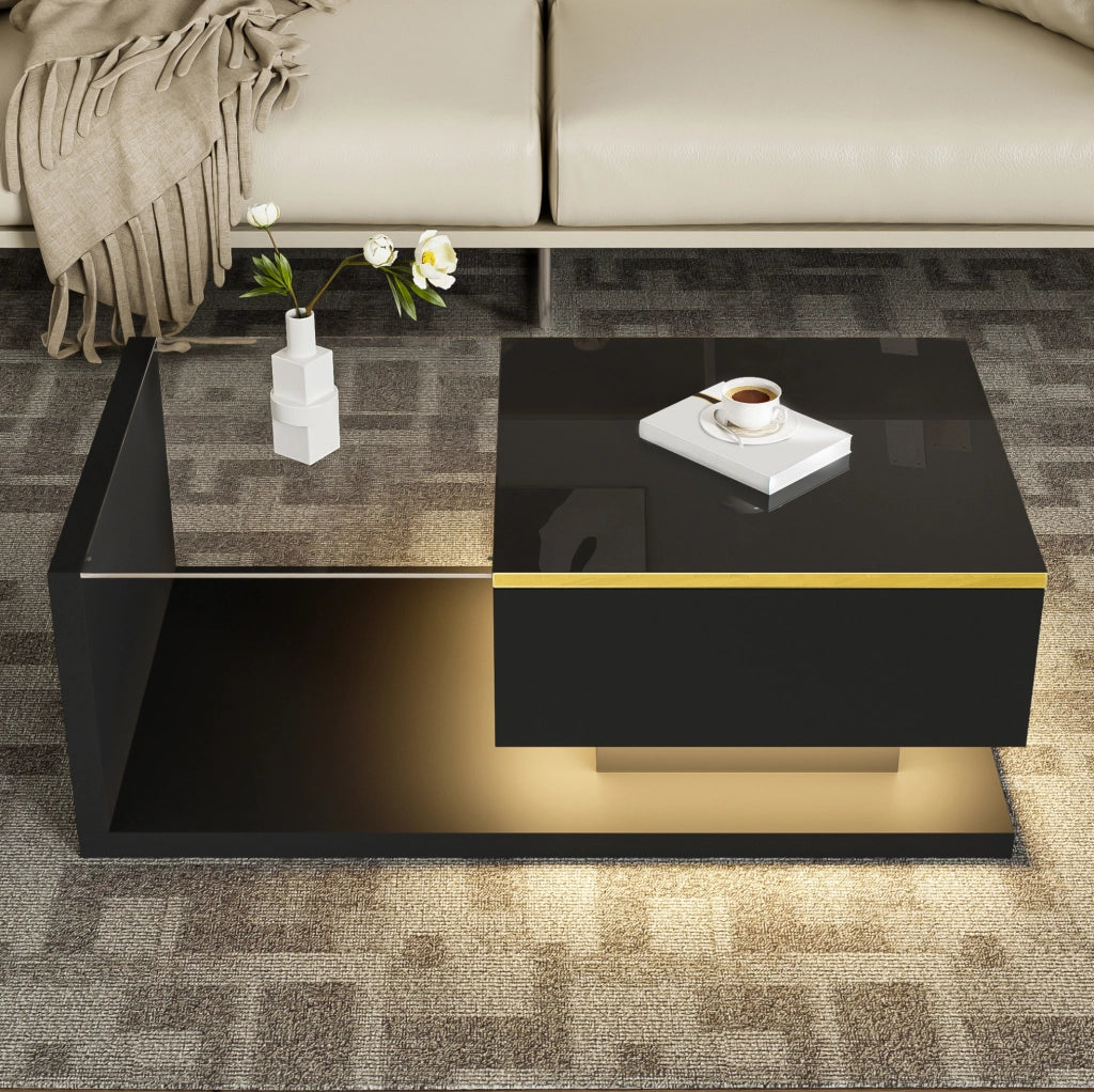 Tavolino da salotto nero con LED Bluetooth e vetro, 90 cm