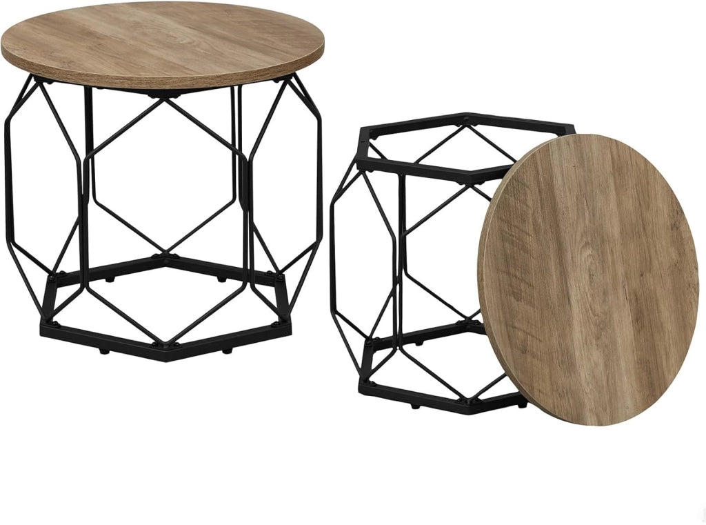 Set di 2 Tavolini da Salotto Rotondi, Tavolini Contenitori in Legno e Metallo, Tavoli Caffè con Piano Rimovibile, per Soggiorno, Camera da Letto, Legno Nero, BTS05szdc