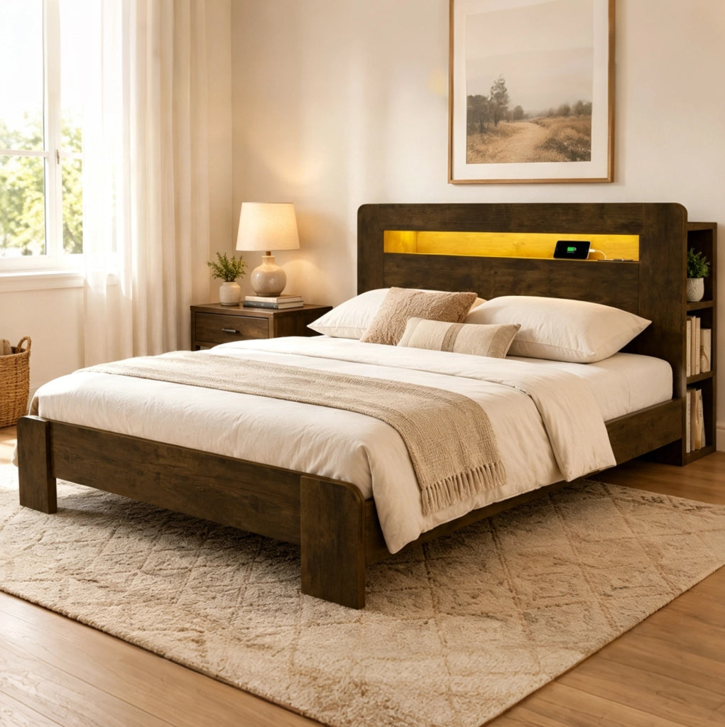 Letto 140x200 cm con testiera portaoggetti; LED e prese integrate in legno