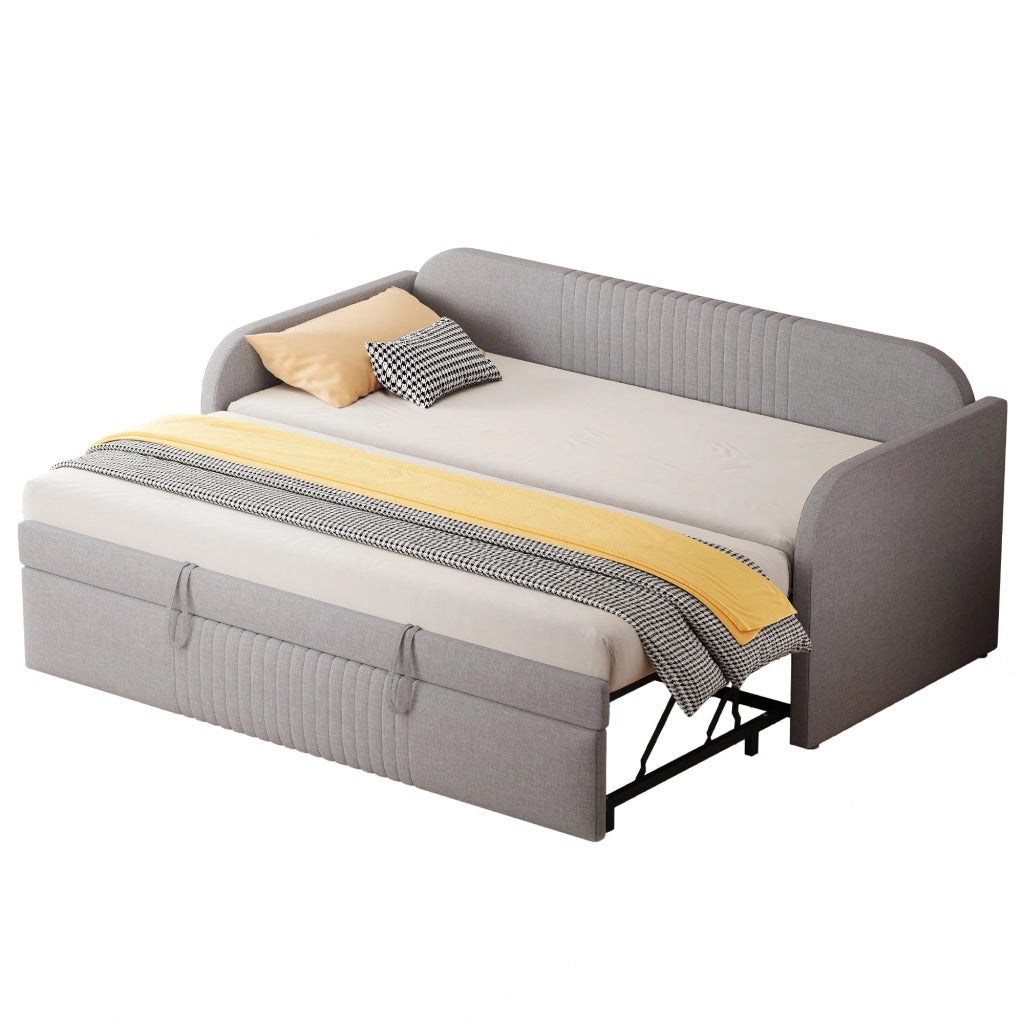 Letto divano estraibile 90/180x190 cm con schienale a righe verticali; rete a doghe e rivestimento in lino grigio chiaro
