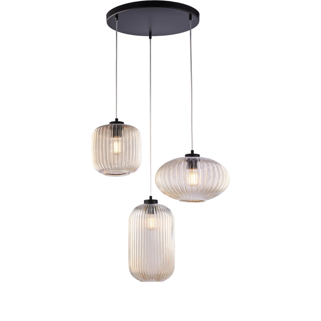 Sospensione 3 Luci Glamour Vetro Soffiato Ambra Plissettato