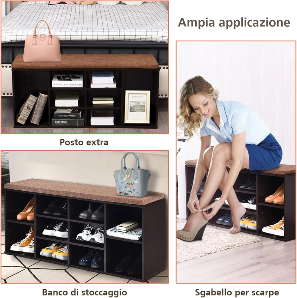 Scarpiera Salvaspazio da Ingresso con 10 Scomparti, Panca Contenitore con Cuscino, Cassapanca Portascarpe 104 x 30 x 48cm (Marrone)