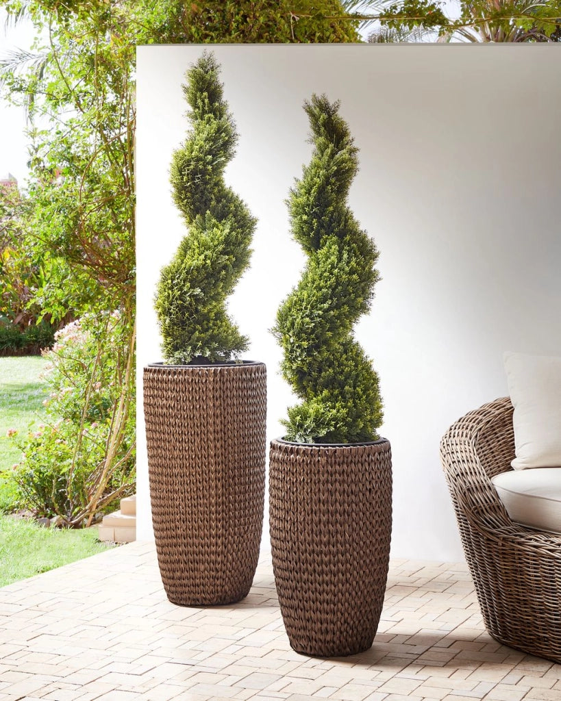 Set di 2 vasi in finto rattan marrone per piante con inserto per interni ed esterni