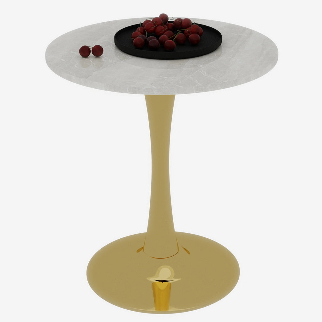 Tavolo da pranzo - rotondo 70 cm - stile mid-century - marmo venato bianco - per 2-4 persone - dorato