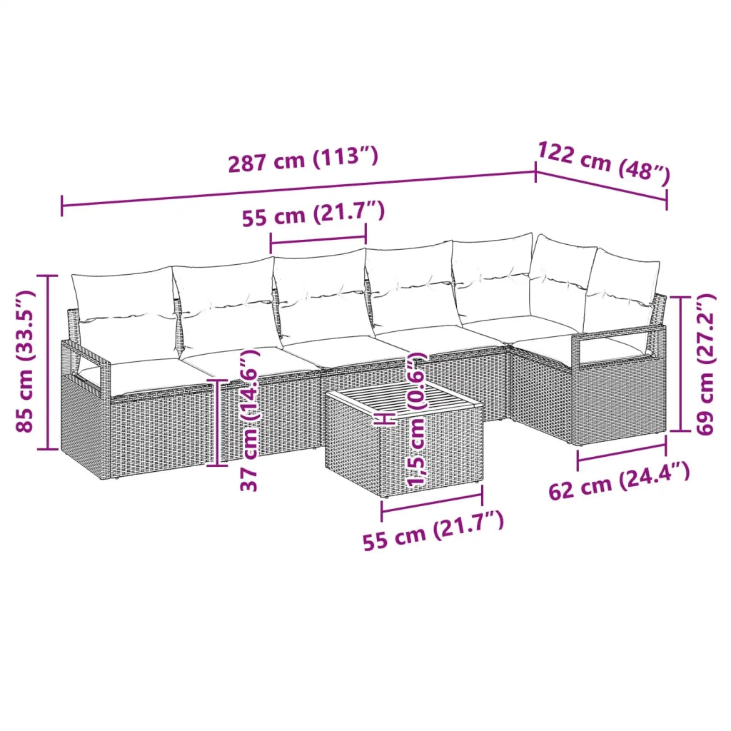 Set Divano da Giardino con cuscino 7 pcs Nero polyrattan