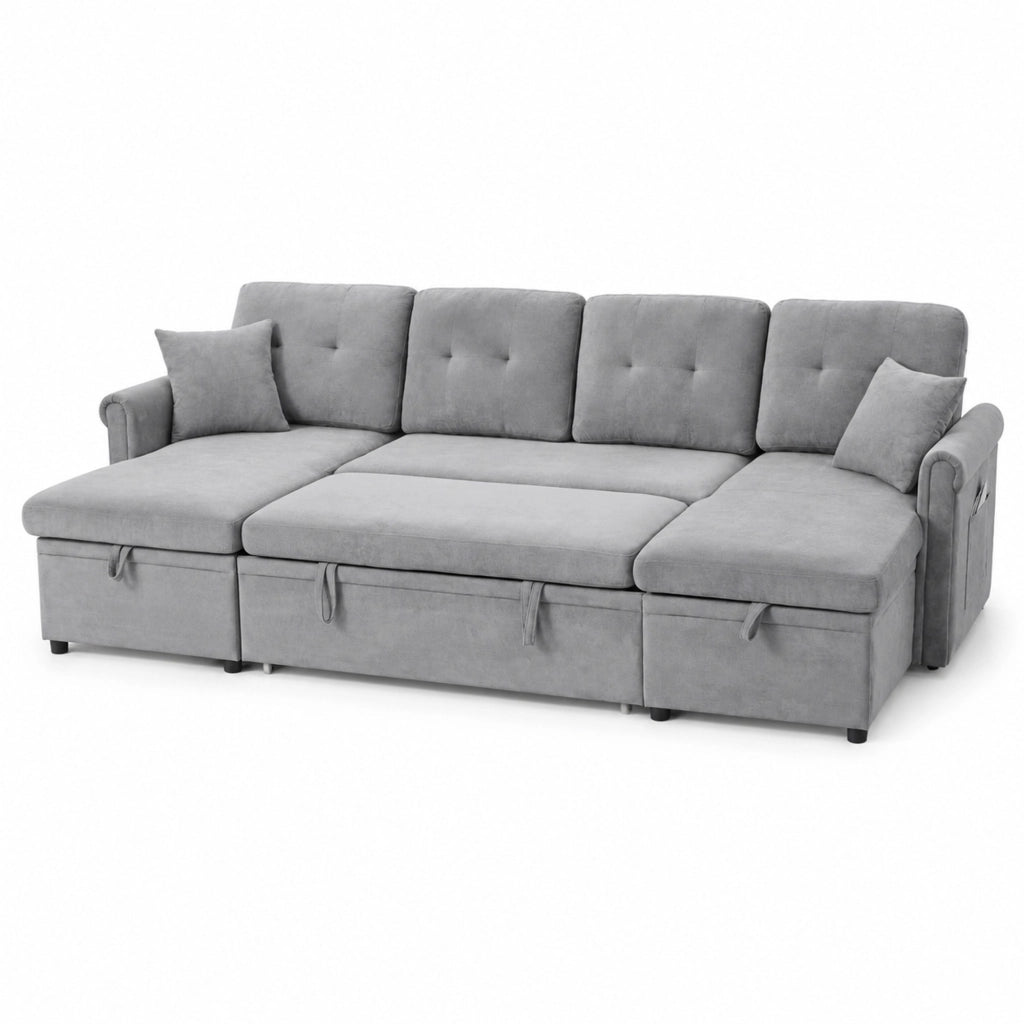Divano letto angolare 4-5 posti con contenitore e tasca laterale in chenille grigio