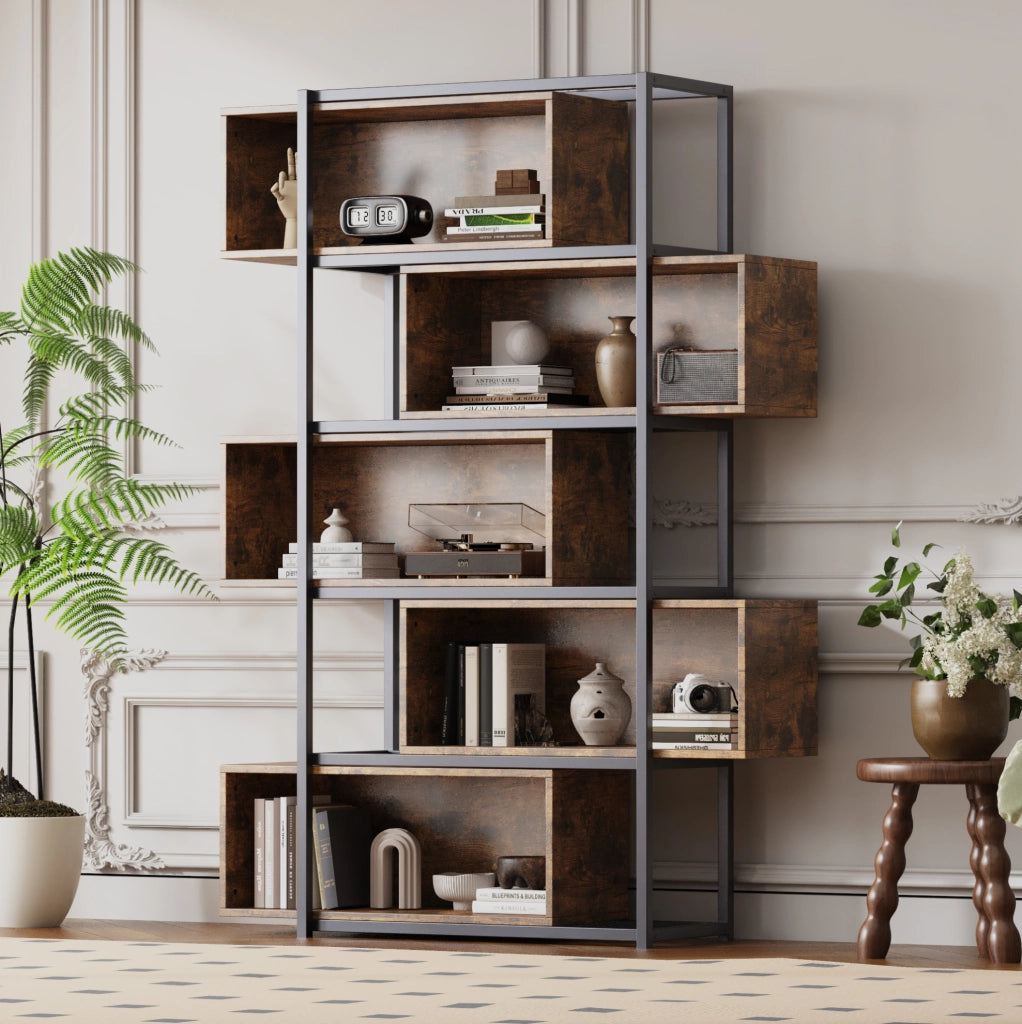 Libreria in MDF con ripiani aperti; stile industriale; nero e marrone