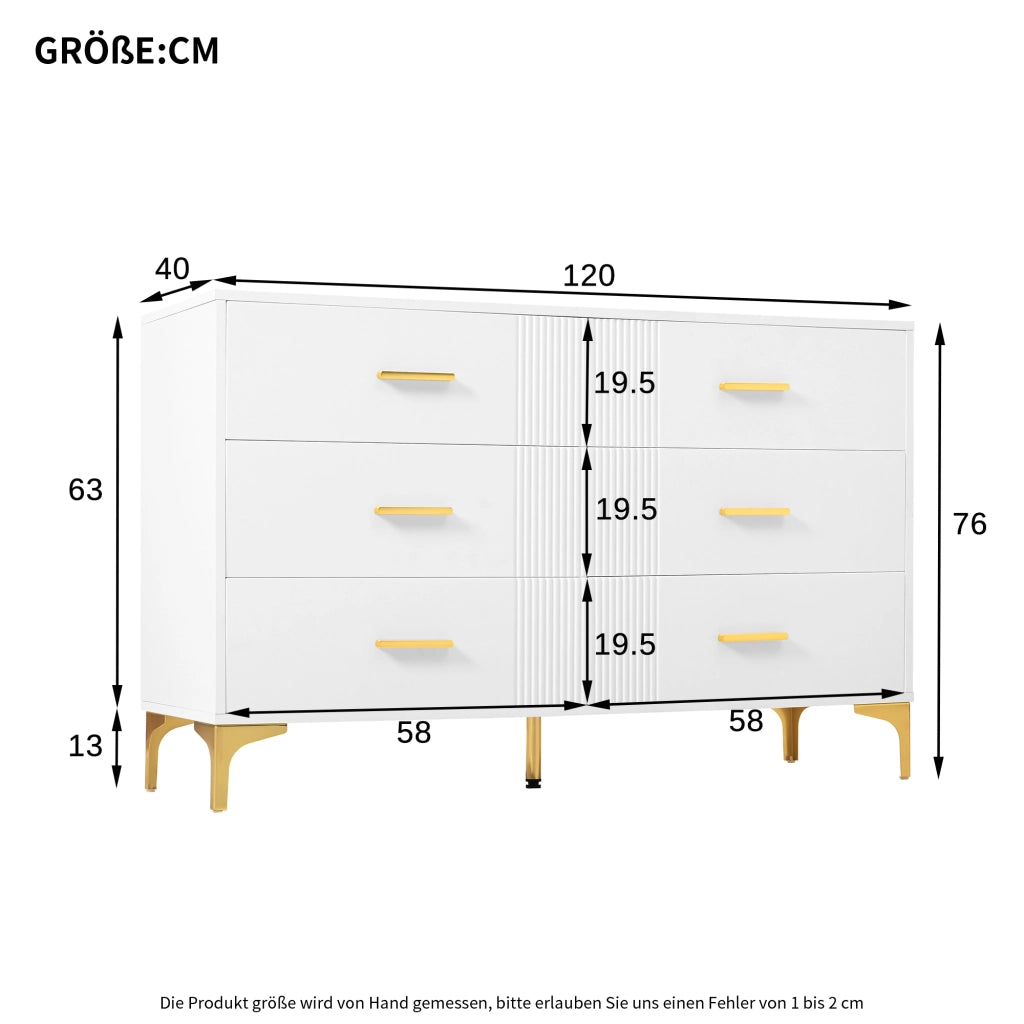 Com¨° moderno bianco con 6 cassetti, struttura in MDF, design rigato, 120 x 40 x 76 cm