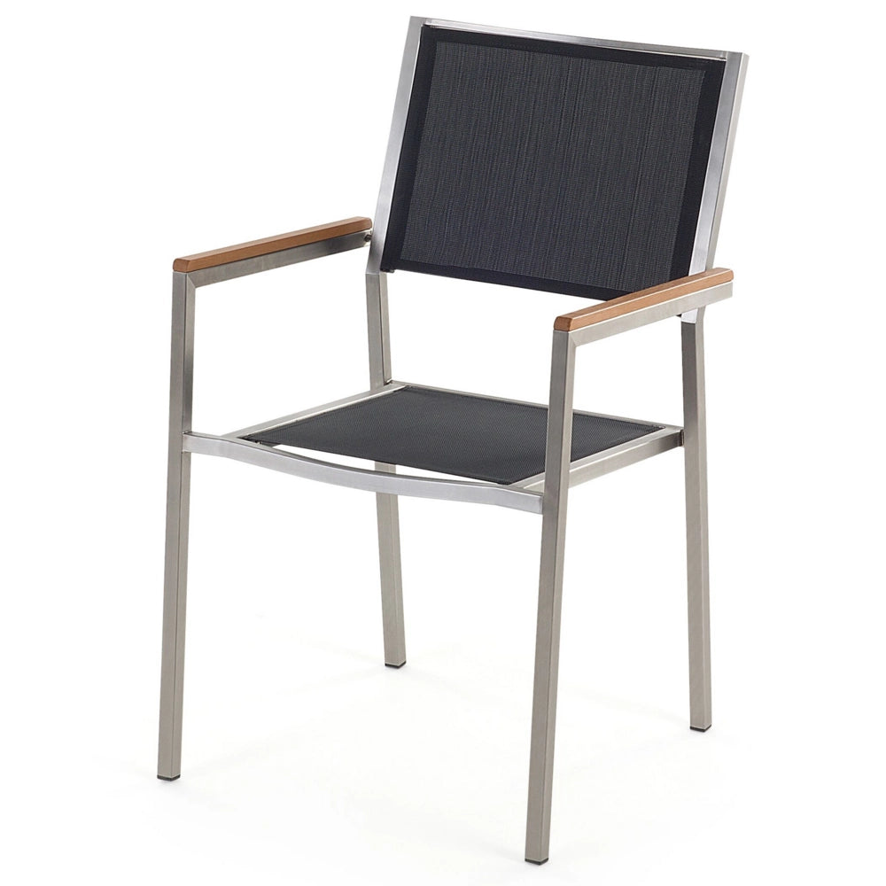Set da pranzo da giardino con piano in legno di eucalipto chiaro e struttura in acciaio 180 x 90 cm con 6 sedie nere