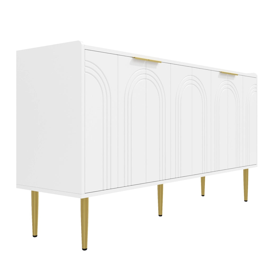 Credenza Bianca Moderna con 4 Ante; Mobile Buffet 140 cm in MDF con Gambe in Ferro Dorato