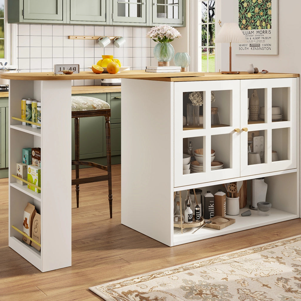 Mobile Bar con 2 Ante in Vetro; 5 Ripiani; Estensibile e Girevole a 360°; per Cucina Soggiorno; MDF; 138-204 x 39 x 102;5 cm; Bianco