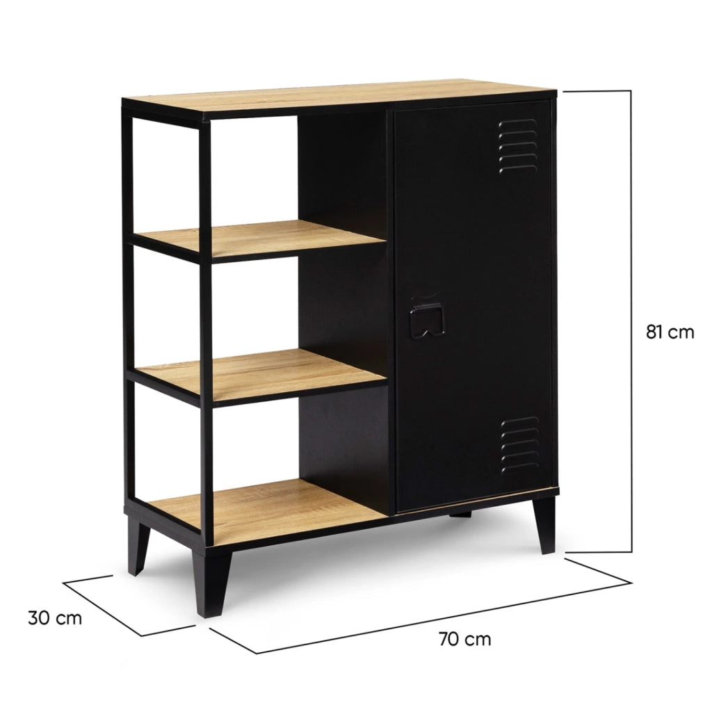 IDMarket - Credenza a 3 ripiani con armadietto in metallo nero e piano in legno 70 cm ESTER industrial design