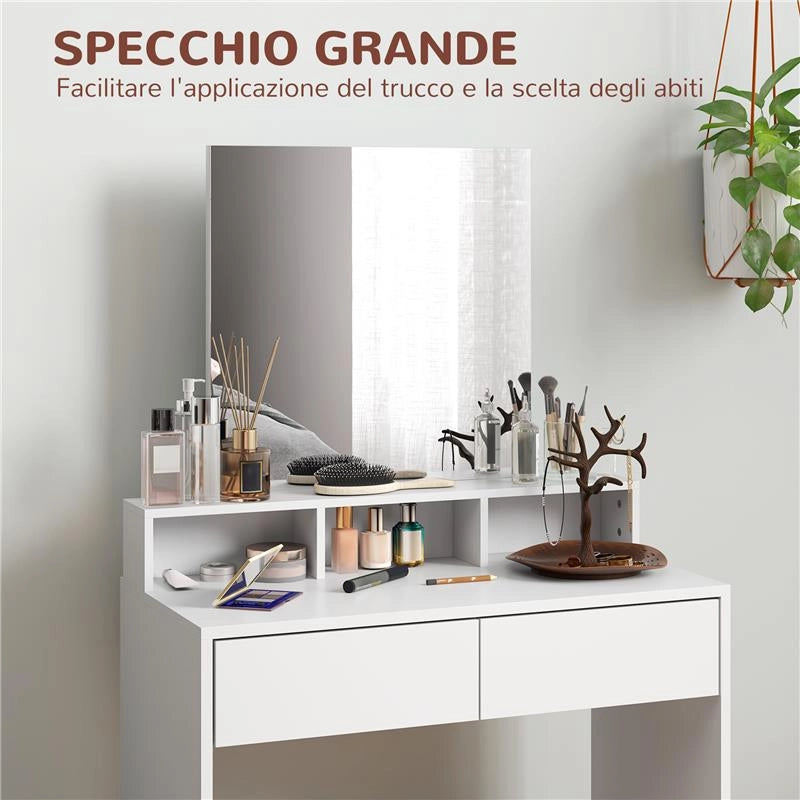 TAVOLO DA TRUCCO CON SPECCHIO 3 RIPIANI 2 CASSETTI E SGABELLO IN LEGNO 75X38X135 CM BIANCO
