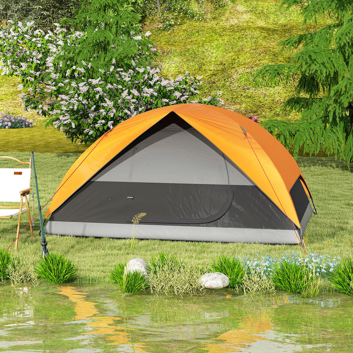 Tenda da Campeggio per 3 Persone Impermeabile 205x275x135H cm con Tasche e Gancio per Lanterna Arancione