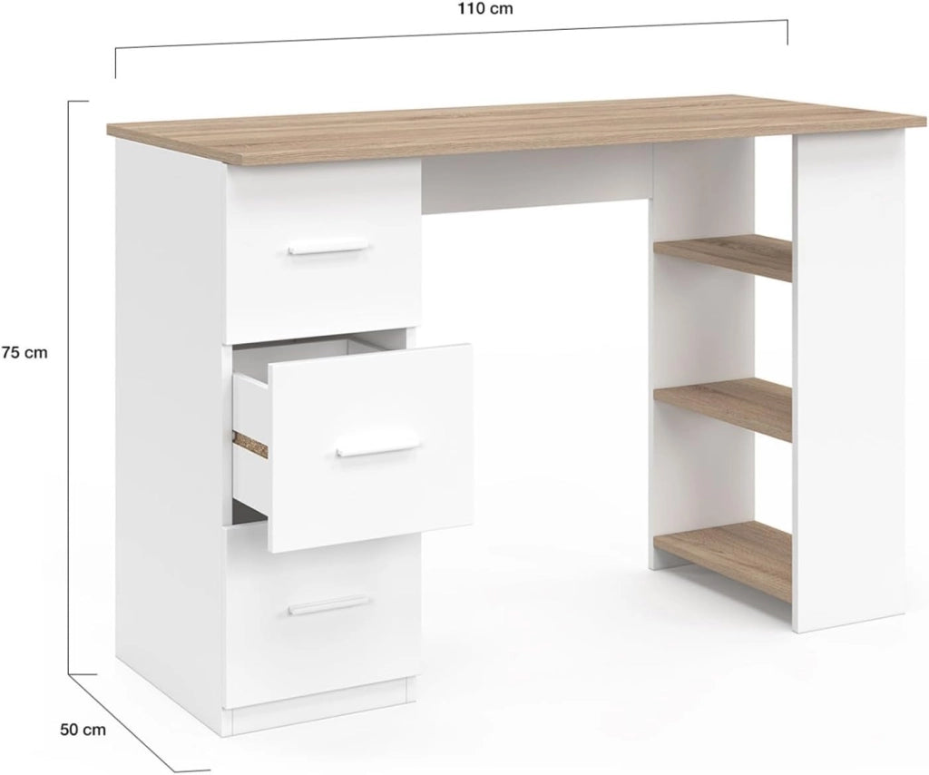 MAE Scrivania dritta a 3 cassetti con ripiani in legno e bianco