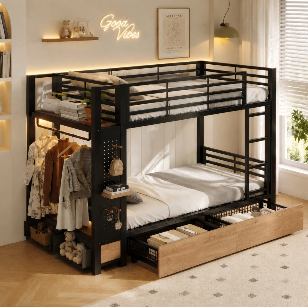 Letto a castello 90x200 cm in metallo e MDF con LED; area appendiabiti e contenitori nero