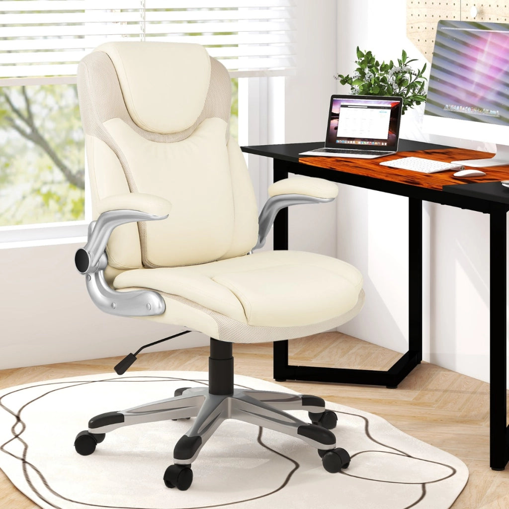 Sedia da ufficio direzionale con funzione dondolo e altezza regolabile, Sedia da scrivania in ecopelle girevole Beige-Sedie da ufficio