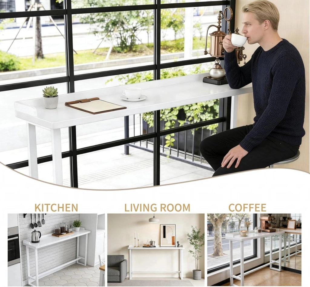 Tavolo Alto da Bar Bianco Tavolo Cucina Tavolino Alto e Stretto da Balcone Salvaspazio per Soggiorno e Sala da Pranzo Bar Ristorante(220X40X105CM)