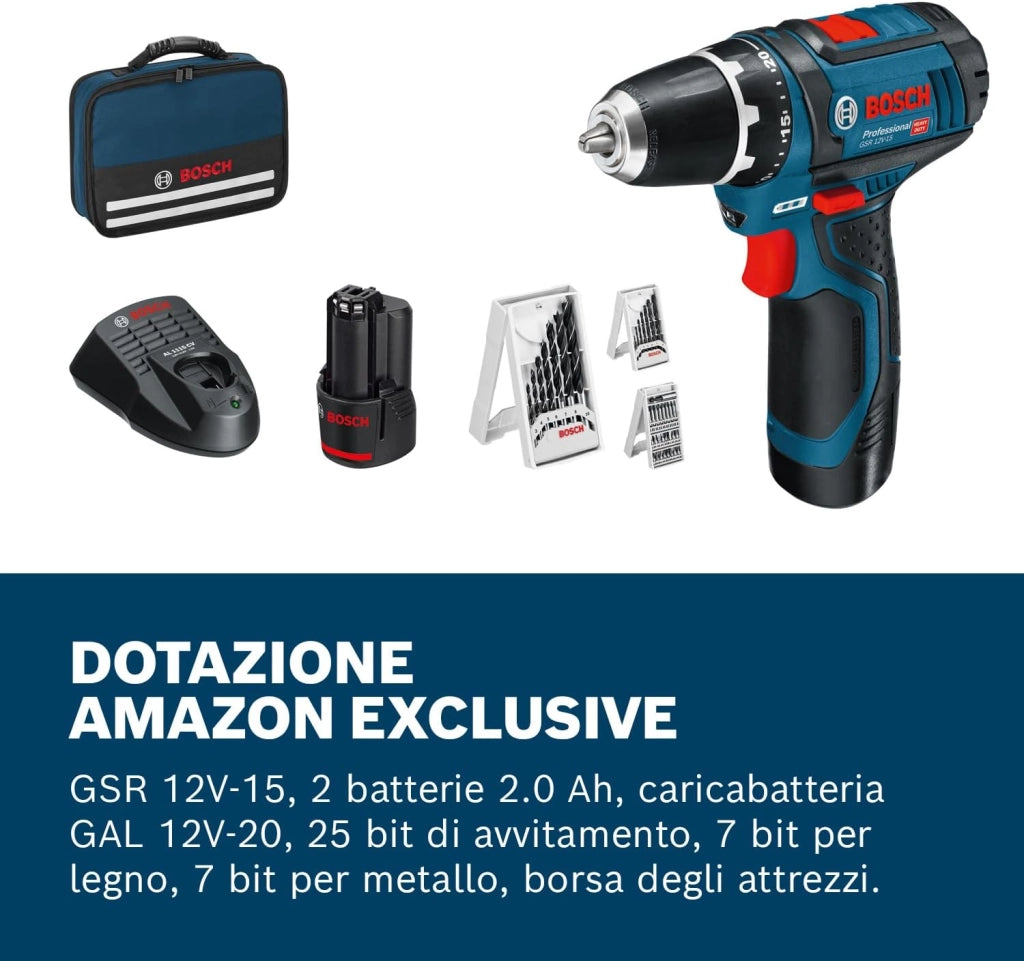Bosch Professional GSR 12V-15 Trapano avvitatore a batteria 10.8 V (1 x 2Ah, 1 x 4Ah) + accessori