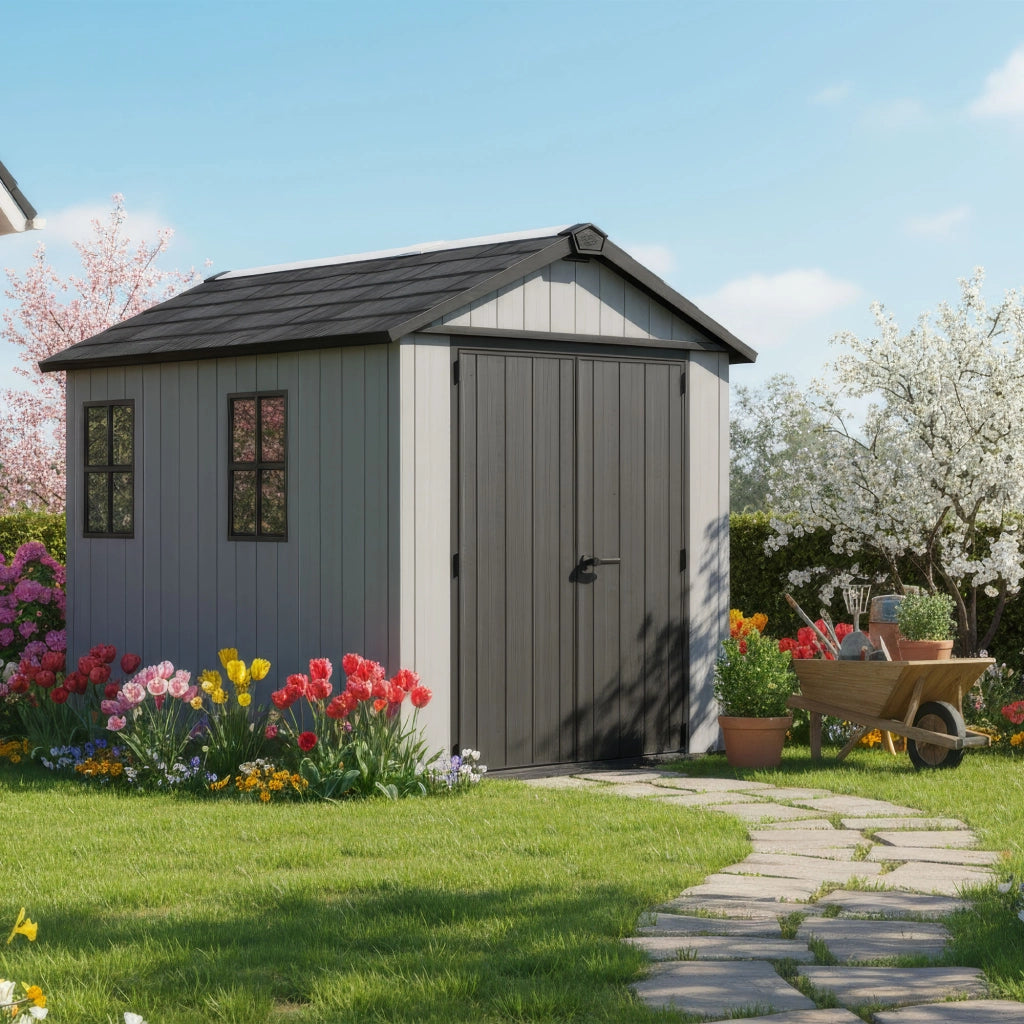 Newton + 759/975 - Casetta da Giardino 287x246x230 cm 2 Ante per deposito attrezzi finitura effetto legno Evotech+ in Resina Grigio e Nero