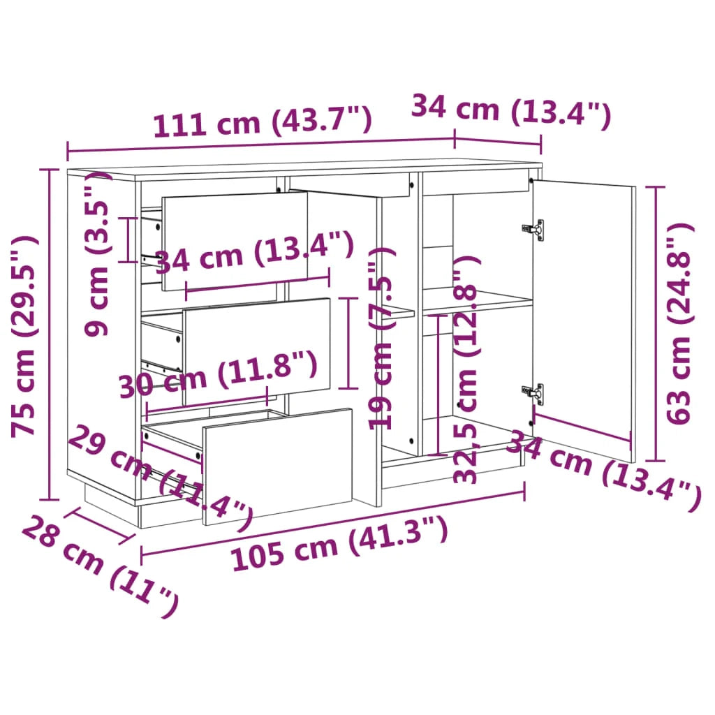 Buffet credenza cassettiera armadio mobile contenitore organizer per cucina soggiorno salotto 111 x 34 x 75 cm legno massello di pino marrone 02_0029524