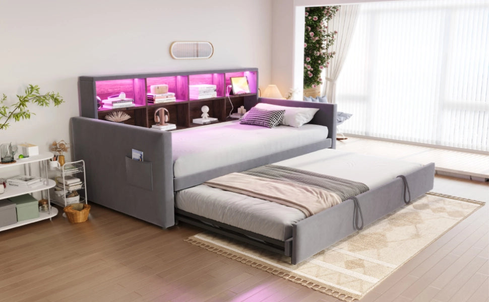 DESMIU Lit divano 90 × 190 cm 1 posto con vano contenitore, LED, USB, Type-C e lit estensibile, senza materasso, grigio