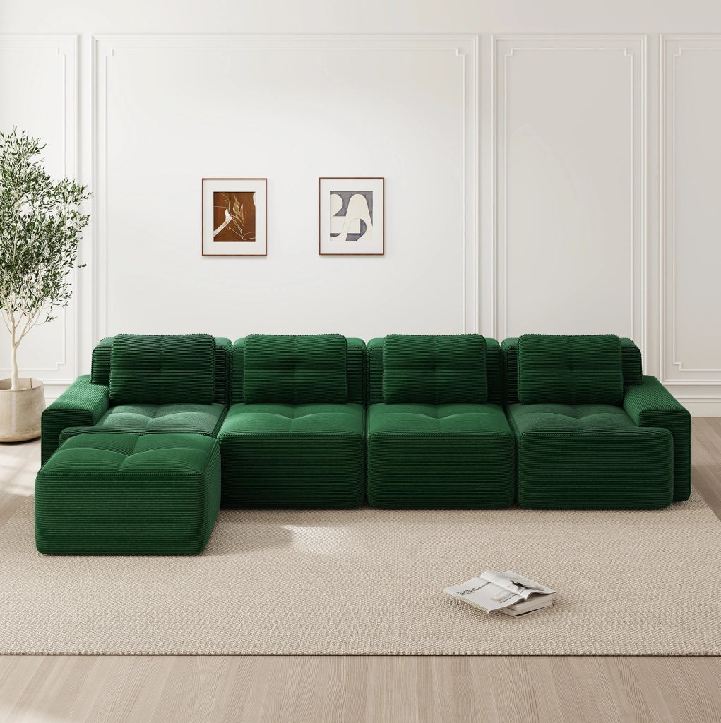 Divano modulare 4 posti con chaise longue a L; senza montaggio; in velluto a coste verde