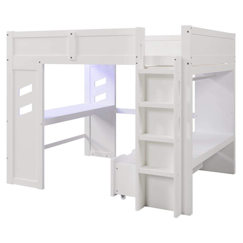 Letto a soppalco 140×200 cm con scrivania; LED; USB; Type-C; 2 cassetti e stender; senza materasso; bianco