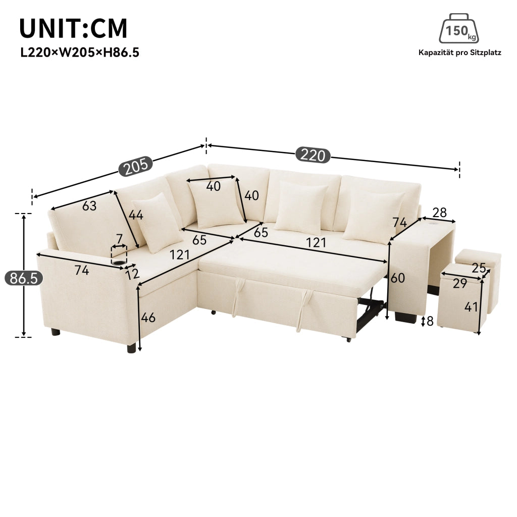 Divano Angolare Convertibile con Contenitore, Portabicchieri e USB ¨C Xylo ¨C Beige