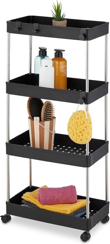 Carrello per cucina 4 livelli su ruote - Dimensioni 88 x 415 x 235 cm - Materiale plastico rvs nero - Carrello per cucina utile e pratico
