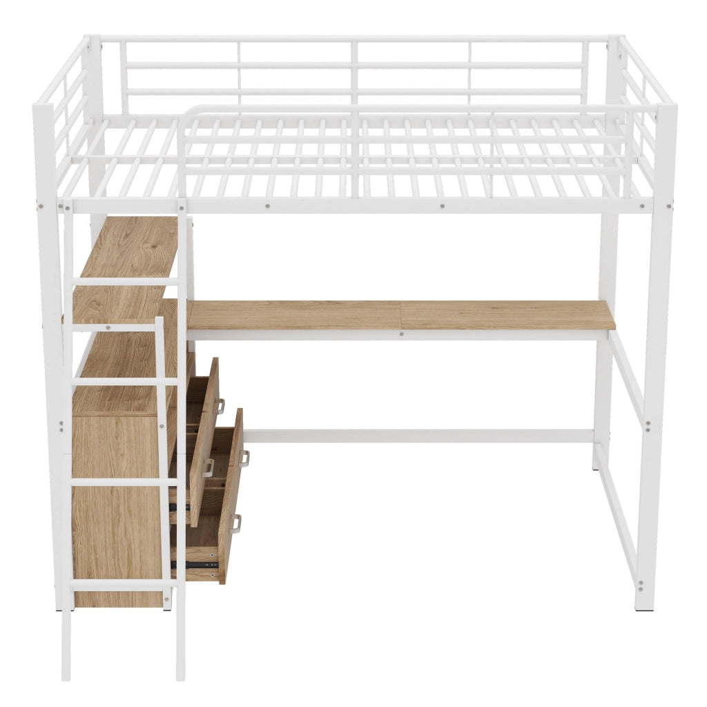 Letto a castello bianco con scrivania a L funzione contenitore struttura in metallo e MDF 140x200 cm