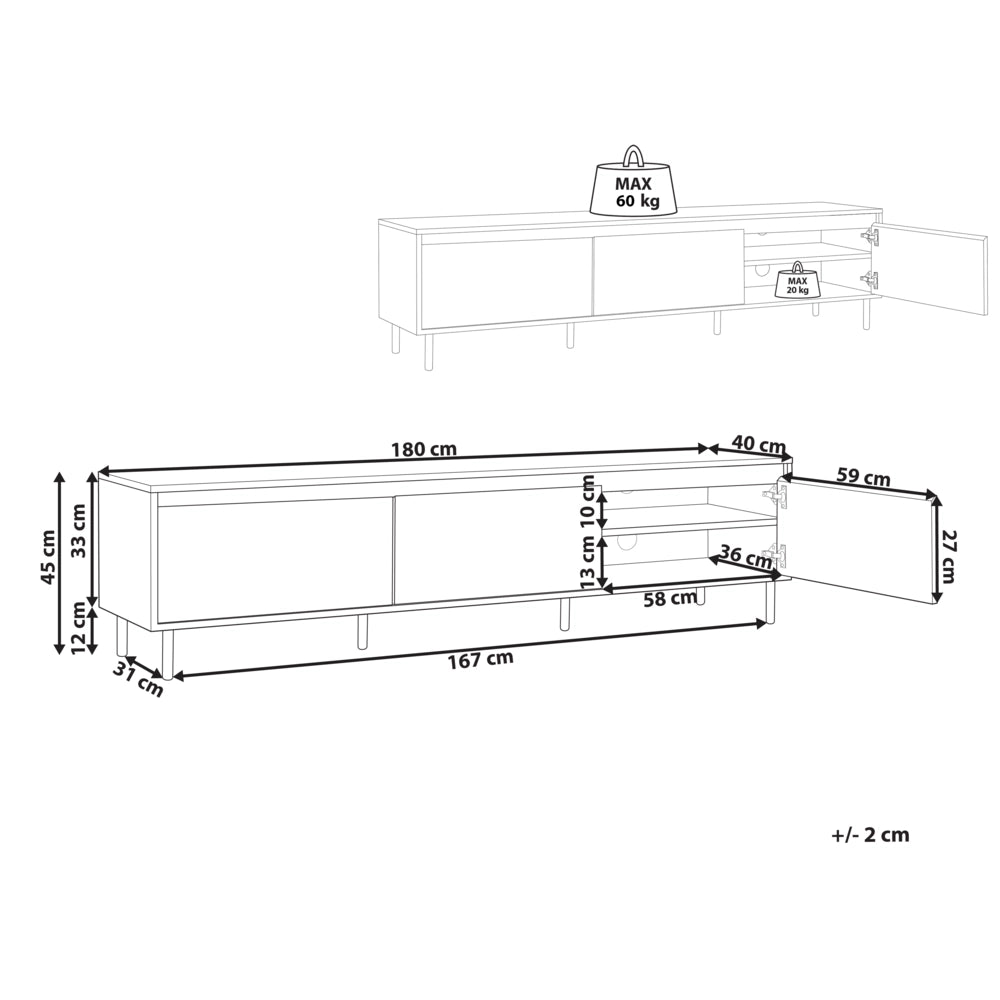 Porta TV in legno scuro  con gambe in metallo nero 180 x 40 x 43 cm Unità multimediale con 3 ante Moderno minimalista