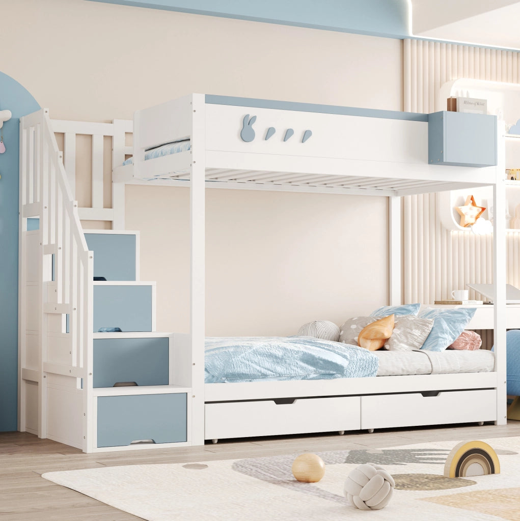 Lettino a castello 90x200 cm in legno; bianco e blu; con cassetti e scaletta contenitore