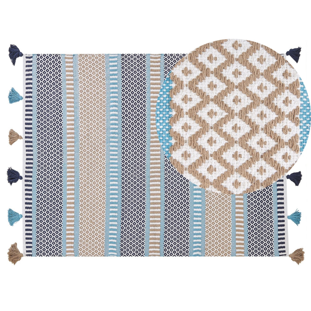 Tappeto Lana Multicolore 140 x 200 cm con Nappe Motivo Geometrico Rigato Tessuto a Mano Tessuto Piatto