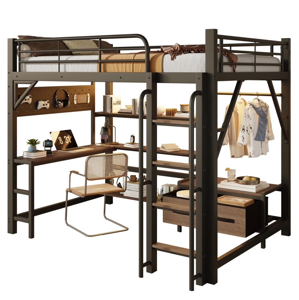 Letto a soppalco 140x200 cm con scrivania; ripiani; cassetti in tessuto; LED e USB; nero