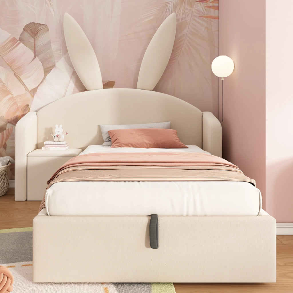 LETTO imbottito 90x200 cm in velluto beige con comodino laterale