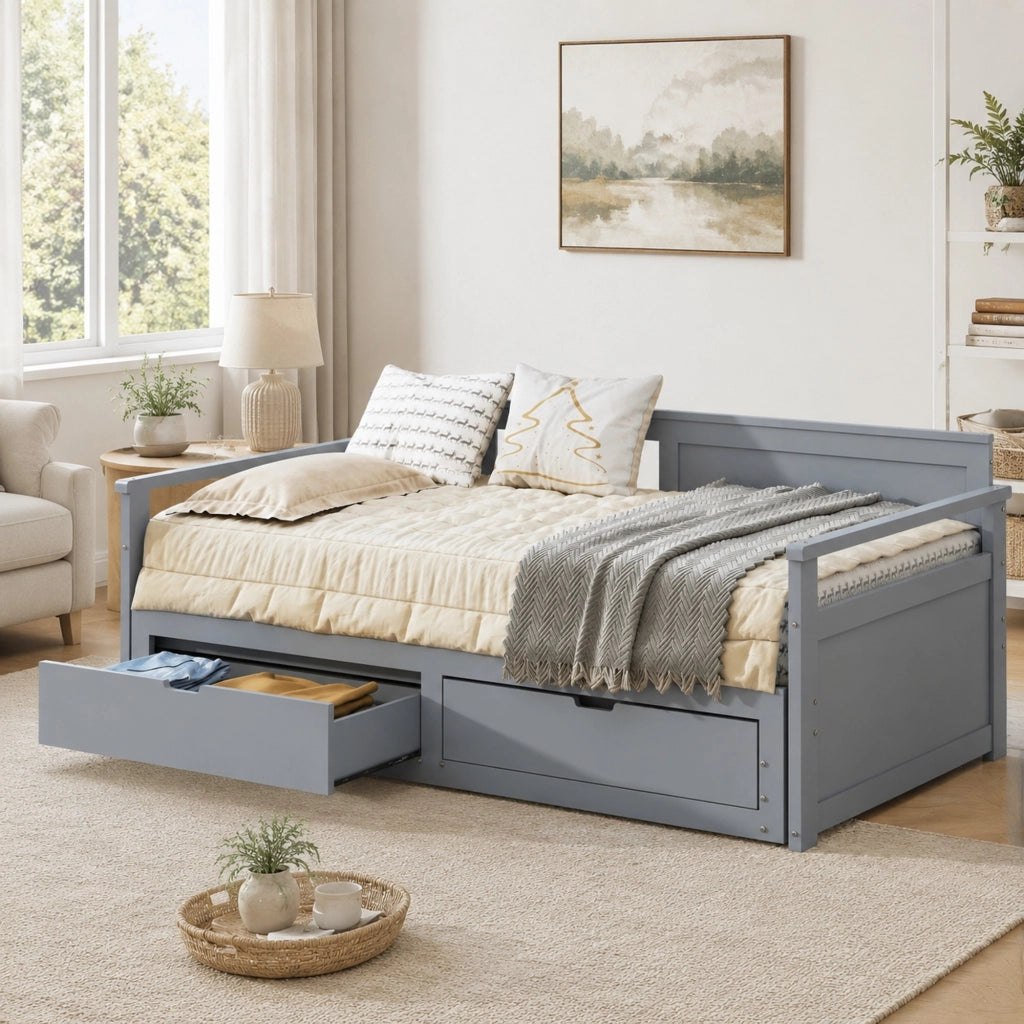 LETTO DAYBED 90x190/180x190 IN LEGNO MASSELLO GRIGIO CON CASSETTI E LETTO ESTRAIBILE