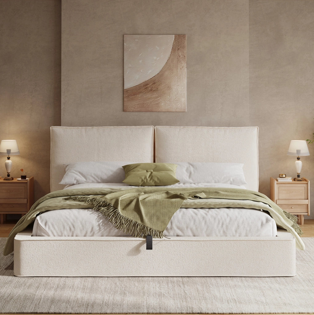 Letto matrimoniale 180x200 cm con contenitore; testiera imbottita; boucl茅 beige