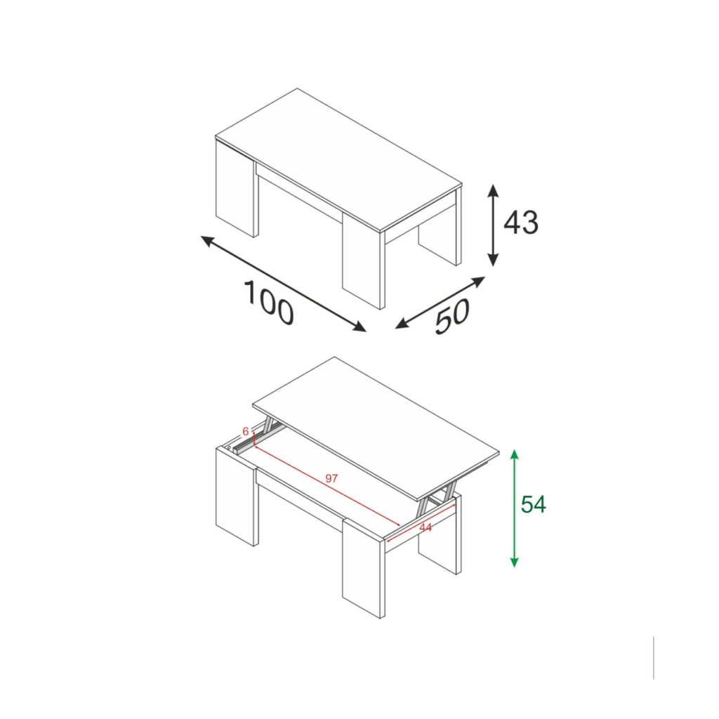 Tavolino da salotto Almo, Tavolino da caffè con piano elevabile, Tavolo basso da soggiorno, cm 100x50h43/84, Bianco lucido