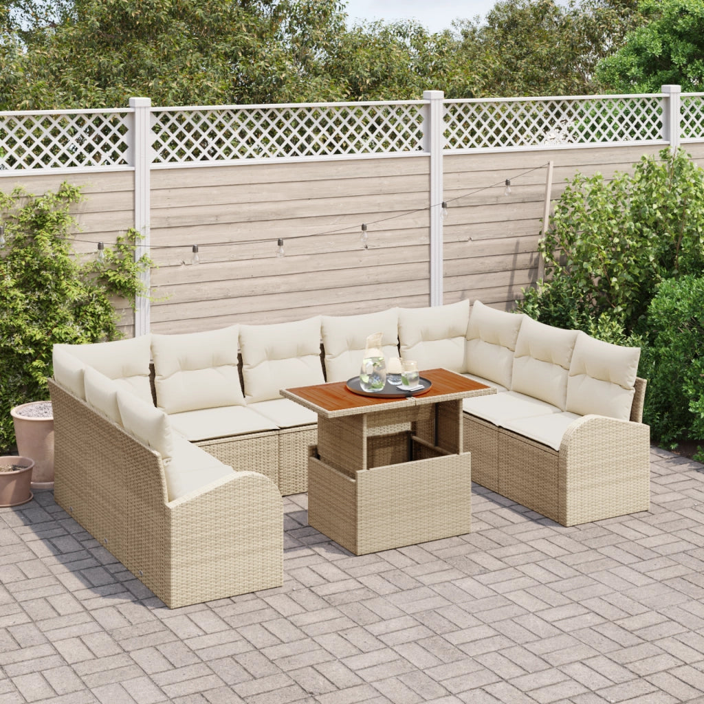 Set di Divano da Giardino di 10 Pezzi con Cuscini Beige in Polyrattan