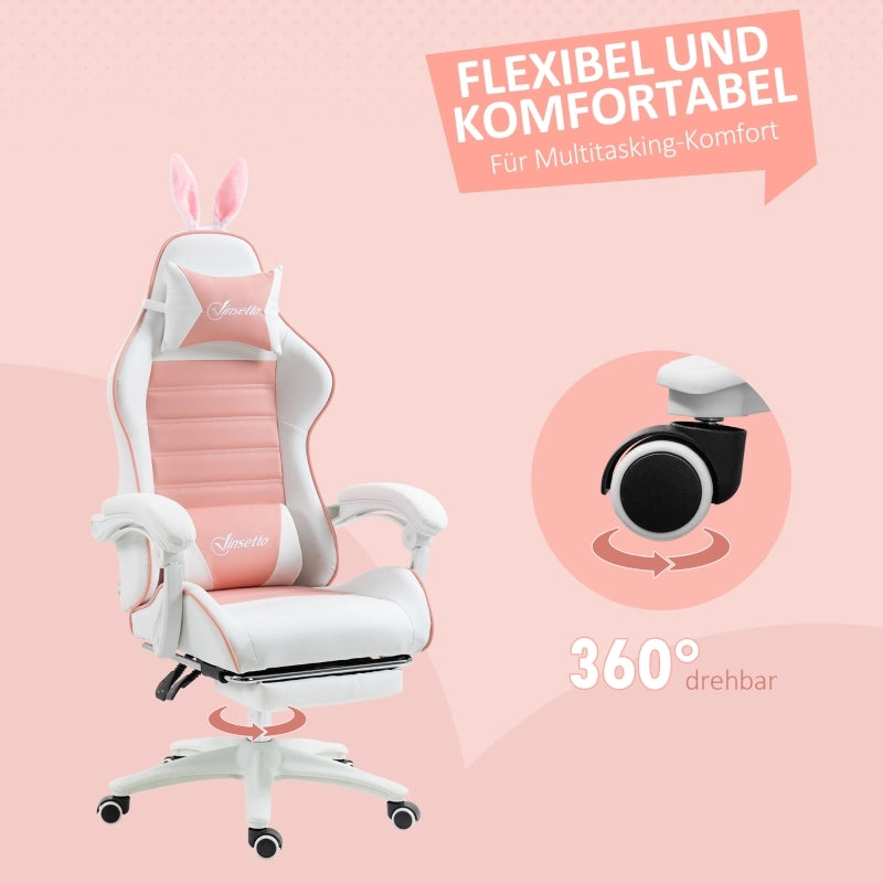 Chaise de bureau gaming ergonomica con poggiapiedi cuscini removibili e orecchie da coniglio in pelle sintetica rosa